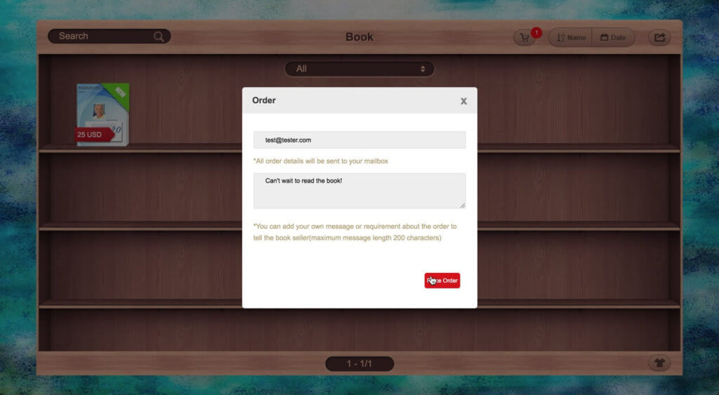 image of book on the Flipbuilder bookshelf with a pop up image showing the start of the checkout process, add email for receipt.