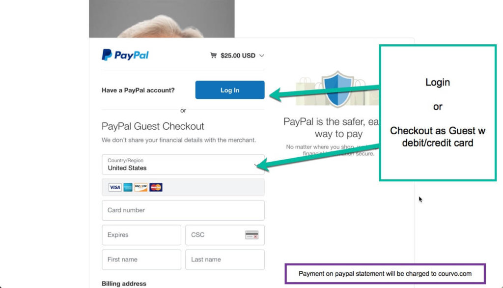 courvo paypal checkout login or checkout as Paypal guest with debit or credit card-paypal statement will show a payment from courvo.com